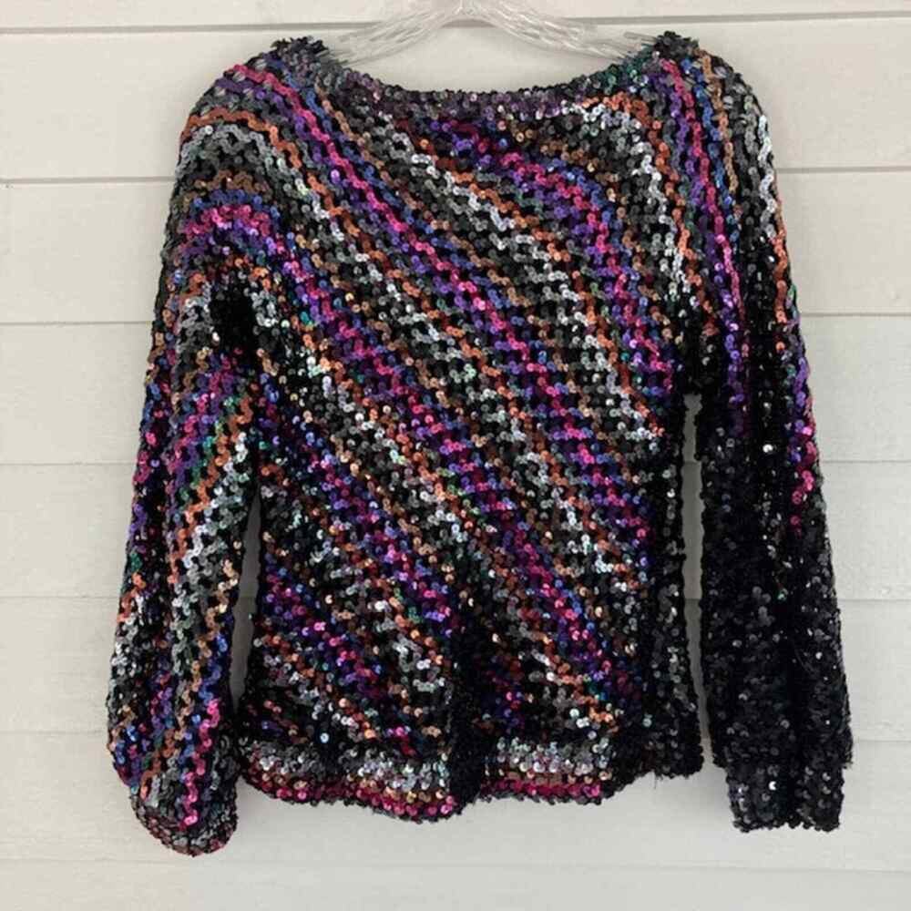 Harry Acton Party Collectables 1980s Vintage Rainbow Sequin Stretchy Blouse Top - Picture 2 of 4